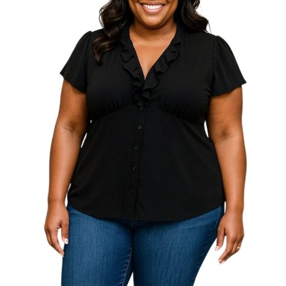 Perceptions Women Blouse Plus Size 2X Black Ruffle Button Down Short Sleeve - Picture 1 of 9